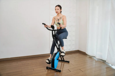 Foldable exercise bike with multiple resistance levels.